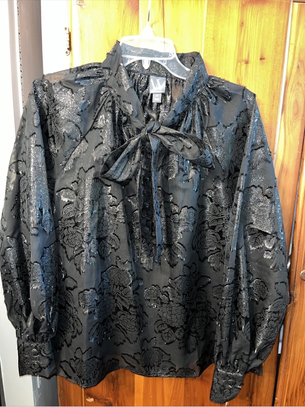 Worthington Black Floral Burnout Tie-Neck Blouse